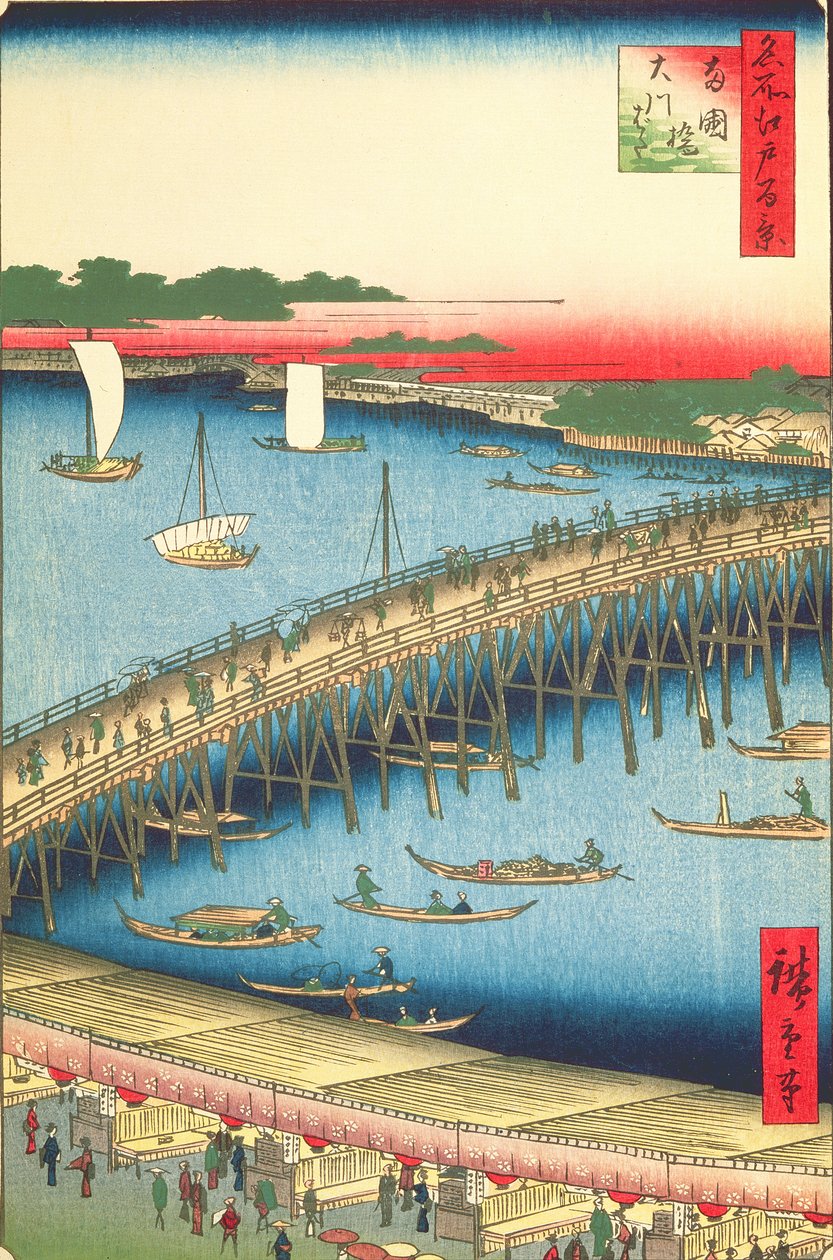 Ryogoku-Brücke und das große Flussufer, Nr. 59 aus Einhundert berühmte Ansichten von Edo, 1856 von Utagawa Hiroshige
