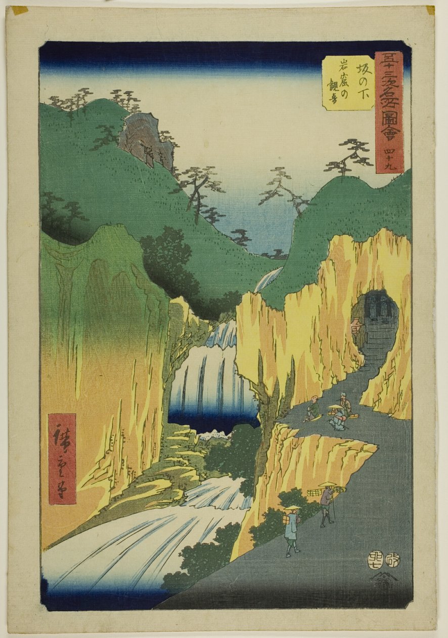 Sakanoshita: Kannon in der Höhle (Sakanoshita, Gankutsu no Kannon), Nr. 49 aus der Serie "Berühmte Ansichten der dreiundfünfzig Stationen (Gojusan tsugi meisho zue)," auch bekannt als der Vertikale Tokaido von Utagawa Hiroshige