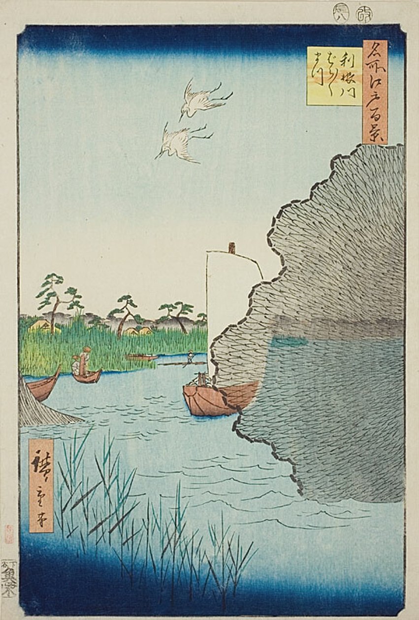 Vereinzelte Kiefern am Tone-Fluss (Tonegawa Barabara-matsu), Nr.71 aus der Serie „Hundert berühmte Ansichten von Edo (Meisho Edo hyakkei)“ von Utagawa Hiroshige