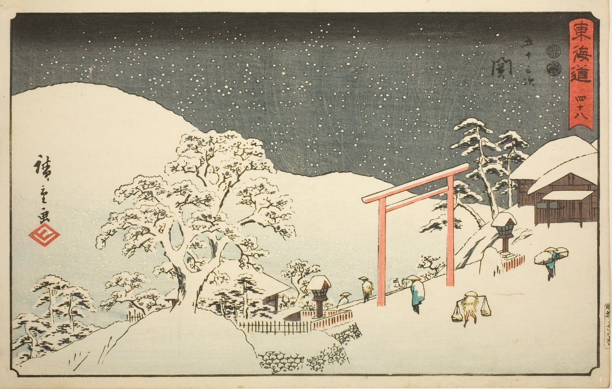 Seki—Nr. 48, aus der Serie "Dreiundfünfzig Stationen des Tokaido (Tokaido gojusan tsugi)," auch bekannt als der Reisho Tokaido von Utagawa Hiroshige
