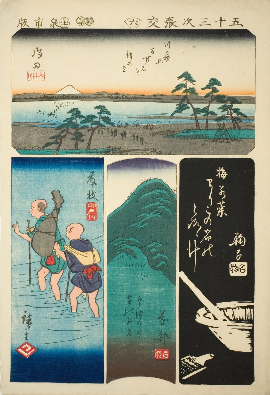 Shimada, Fujieda, Okabe und Mariko, Nr. 6 aus der Serie "Ausschnitte der dreiundfünfzig Stationen" von Utagawa Hiroshige