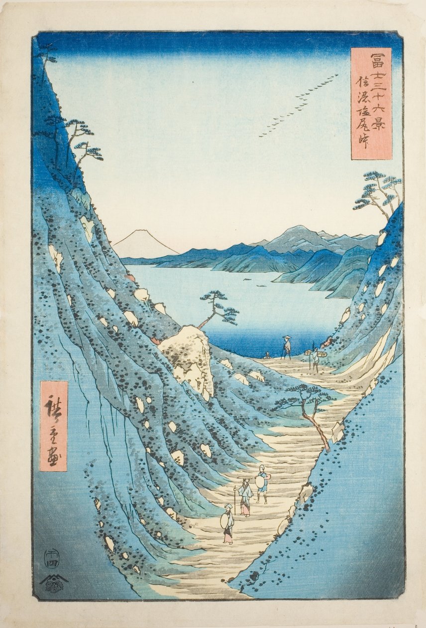 Shiojiri-Pass in der Provinz Shinano, aus der Serie "Sechsunddreißig Ansichten des Berges Fuji (Fuji sanjurokkei)" von Utagawa Hiroshige