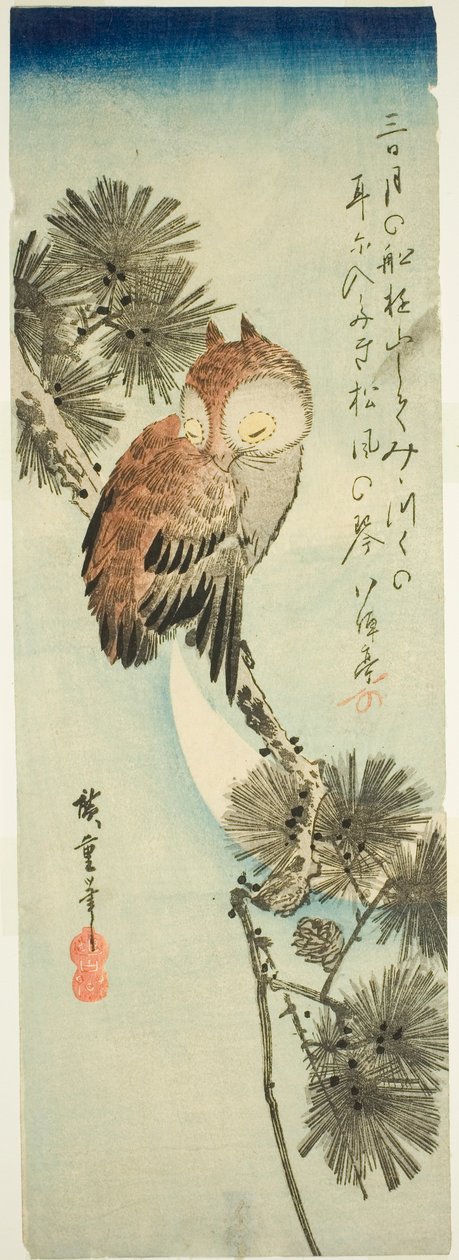 Kleine Horn-Eule, Kiefer und Halbmond von Utagawa Hiroshige