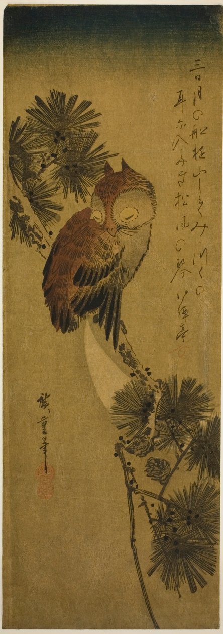 Kleinhörnige Eule, Kiefer und Halbmond von Utagawa Hiroshige