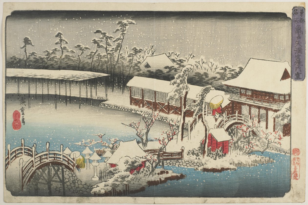 Schnee am Schrein von Kameido Tenman, 1832-1834 von Utagawa Hiroshige