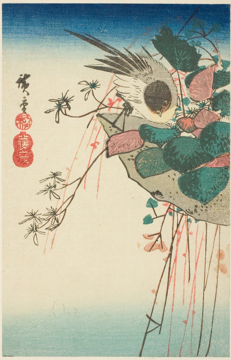 Spatz auf einem hängenden Pflanzgefäß von Utagawa Hiroshige