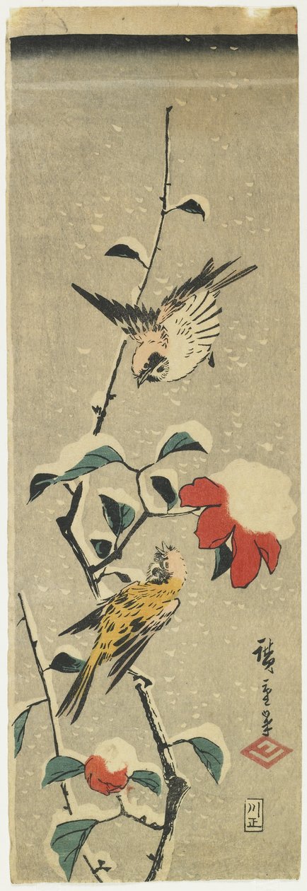 Spatzen und schneebedeckte Kamelie, 1837-1848 von Utagawa Hiroshige