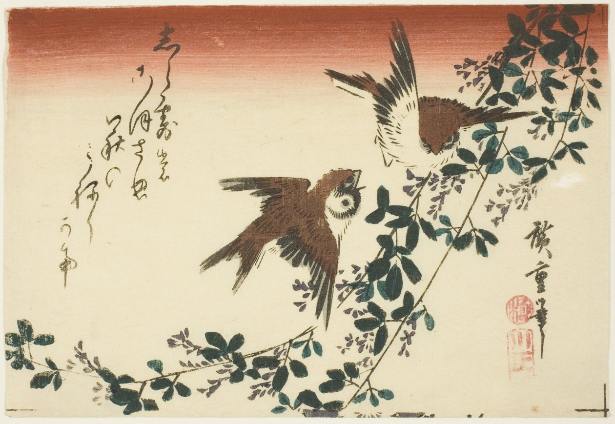 Spatzen und Buschkleeblätter von Utagawa Hiroshige