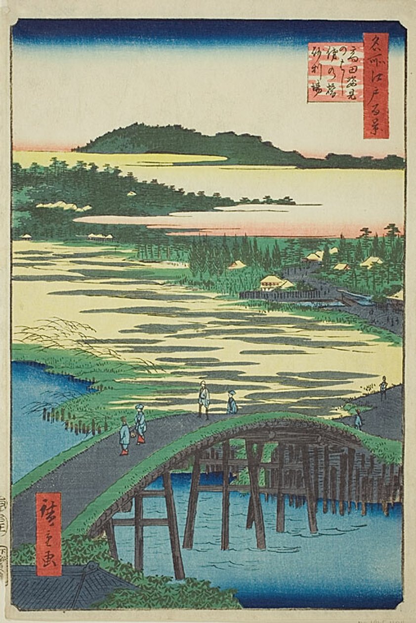 Sugatami-Brücke, Omokage-Brücke und die Kiesgrube in Takata, Nr. 116 aus der Serie "Hundert berühmte Ansichten von Edo" von Utagawa Hiroshige