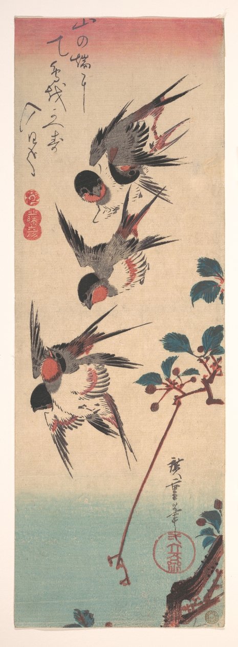 Schwalben und Wildkirsche von Utagawa Hiroshige