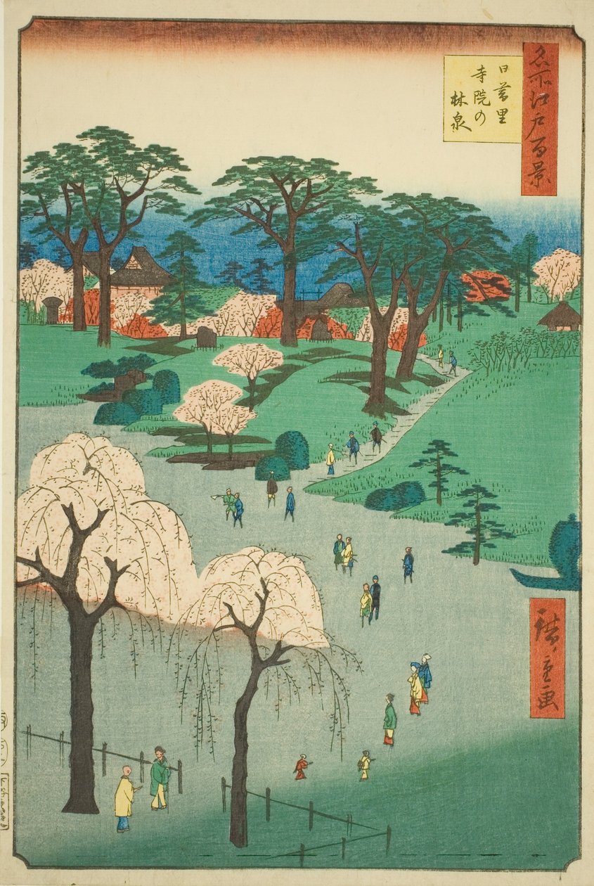 Tempelgärten in Nippori (Nippori jiin no rinsen), aus der Serie "Hundert berühmte Ansichten von Edo (Meisho Edo hyakkei)" von Utagawa Hiroshige