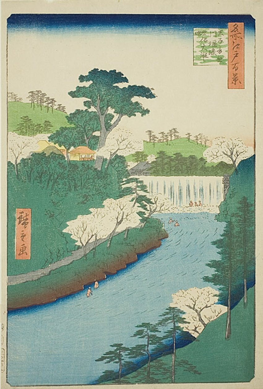 Der Damm am Otonashi-Fluss in Oji, allgemein genannt "Der große Wasserfall", Nr. 19 aus der Serie "Ein Hundert berühmte Ansichten von Edo (Meisho Edo hyakkei)" von Utagawa Hiroshige