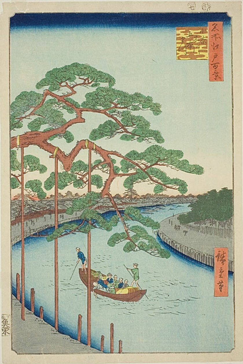Die fünf Kiefern am Onagi-Fluss (Onagigawa Gohonmatsu), Nr. 97 aus der Serie „Hundert berühmte Ansichten von Edo (Meisho Edo hyakkei)“ von Utagawa Hiroshige