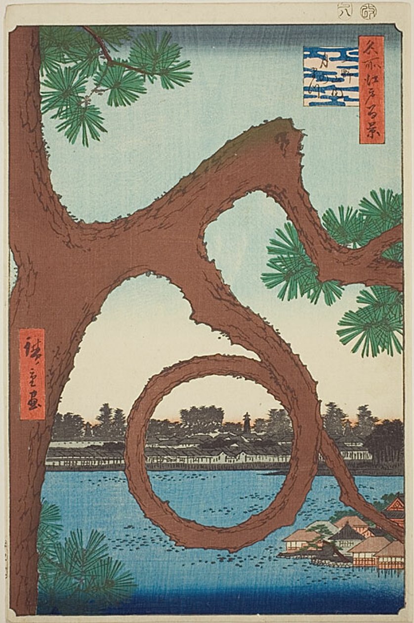 Die Mondkiefer auf dem Tempelgelände in Ueno, aus der Serie „Hundert berühmte Ansichten von Edo“ von Utagawa Hiroshige