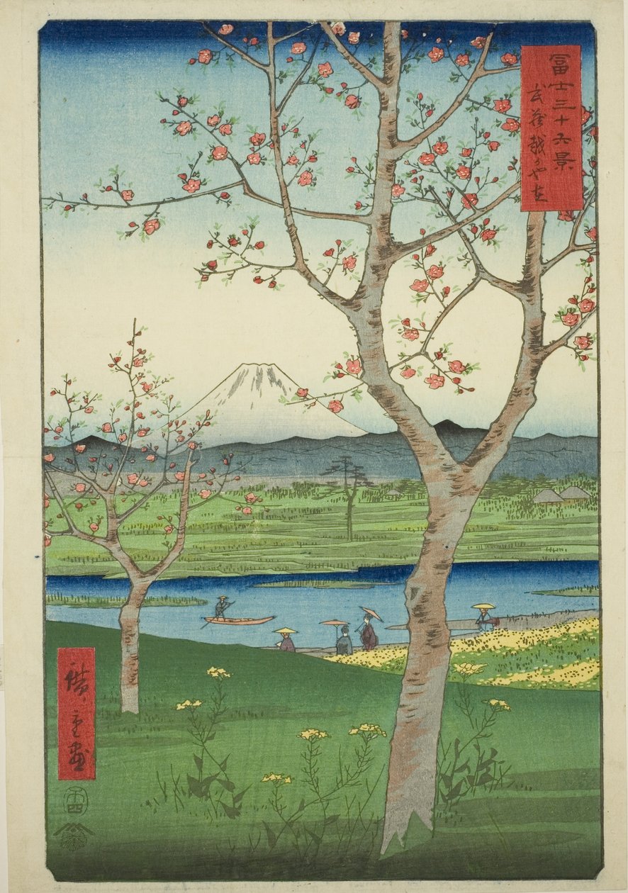 Die Vororte von Koshigaya in der Provinz Musashi (Musashi Koshigaya zai), aus der Serie "Sechsunddreißig Ansichten des Berges Fuji (Fuji sanjurokkei)" von Utagawa Hiroshige