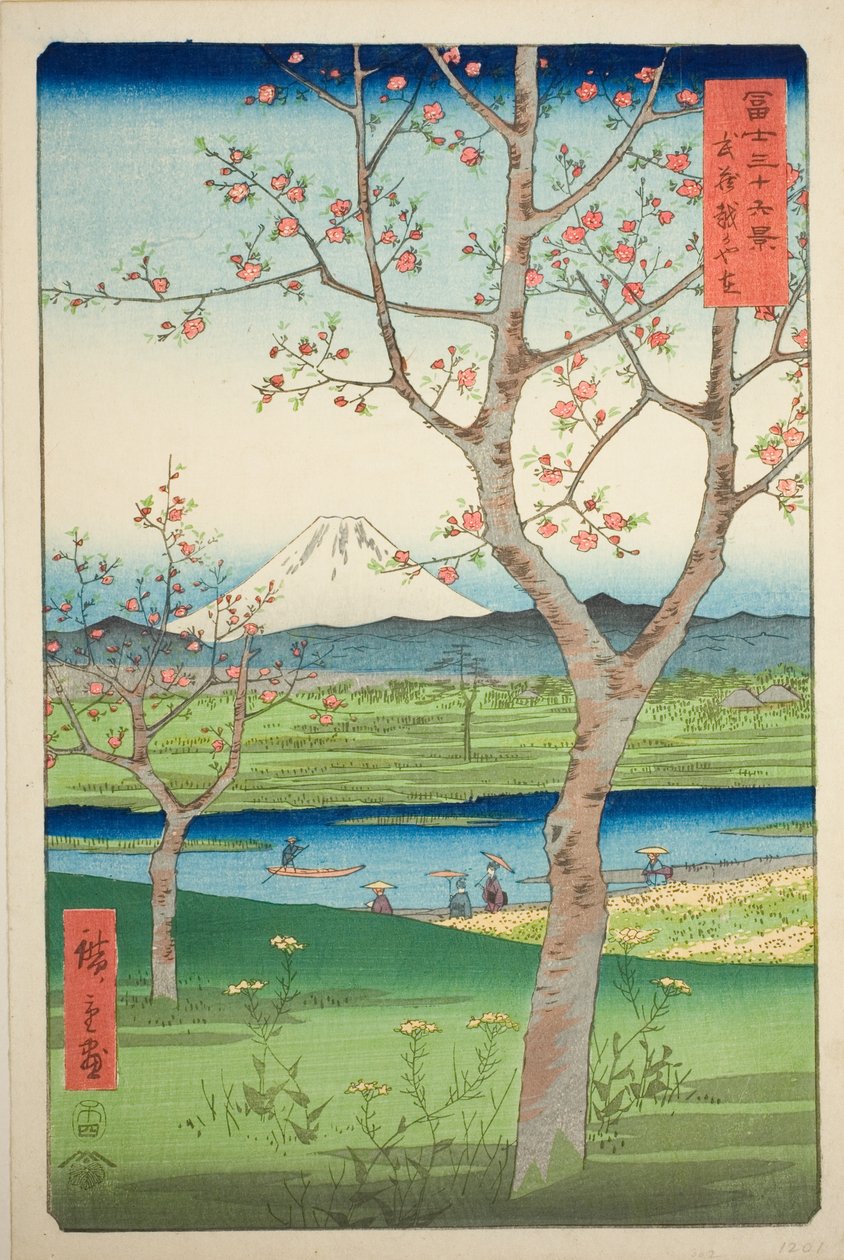 Die Vororte von Koshigaya in der Provinz Musashi, aus der Serie "Sechsunddreißig Ansichten des Berges Fuji" von Utagawa Hiroshige