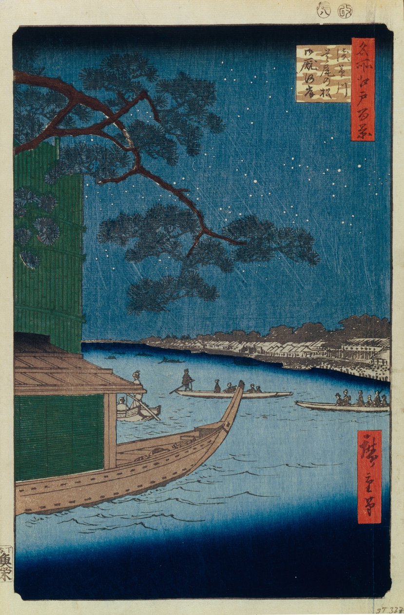 Die Kiefer des Erfolgs und Oumayagashi am Asakusa-Fluss Hundert berühmte Ansichten von Edo, 1856-1858 von Utagawa Hiroshige