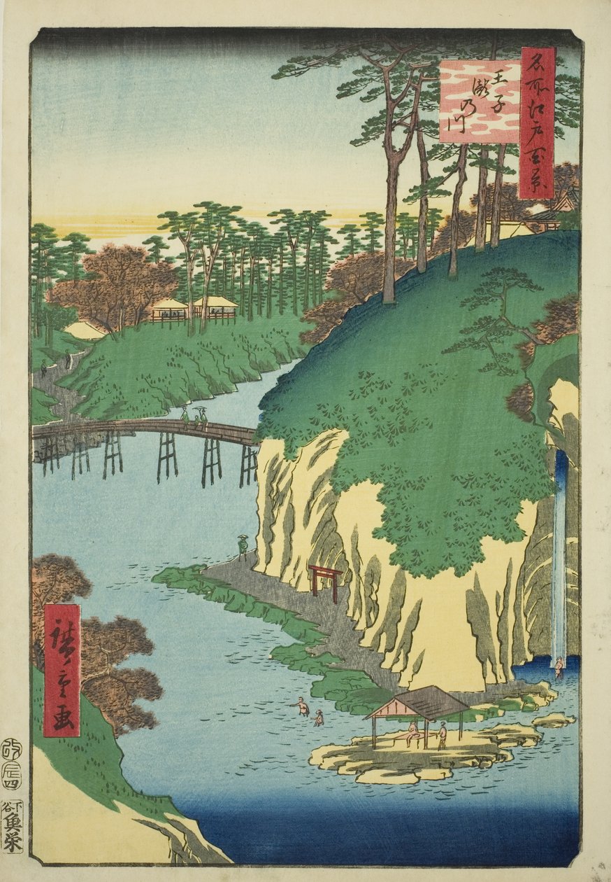 Der Fluss der Wasserfälle in Oji (Oji Takinogawa), aus der Serie "Hundert berühmte Ansichten von Edo (Meisho Edo hyakkei)" von Utagawa Hiroshige