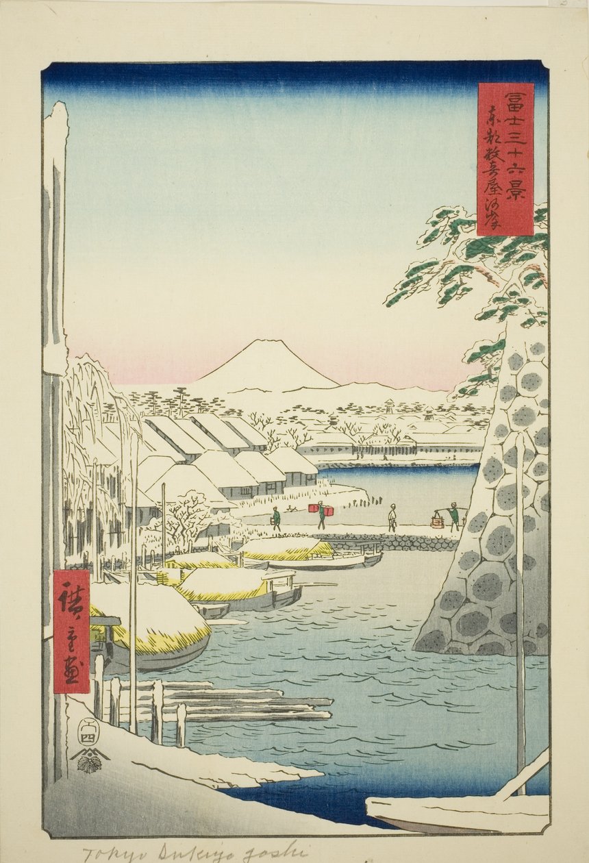 Das Flussufer bei Sukiya in der östlichen Hauptstadt (Toto Sukiyagashi), aus der Serie "Sechsunddreißig Ansichten des Berges Fuji (Fuji sanjurokkei)" von Utagawa Hiroshige