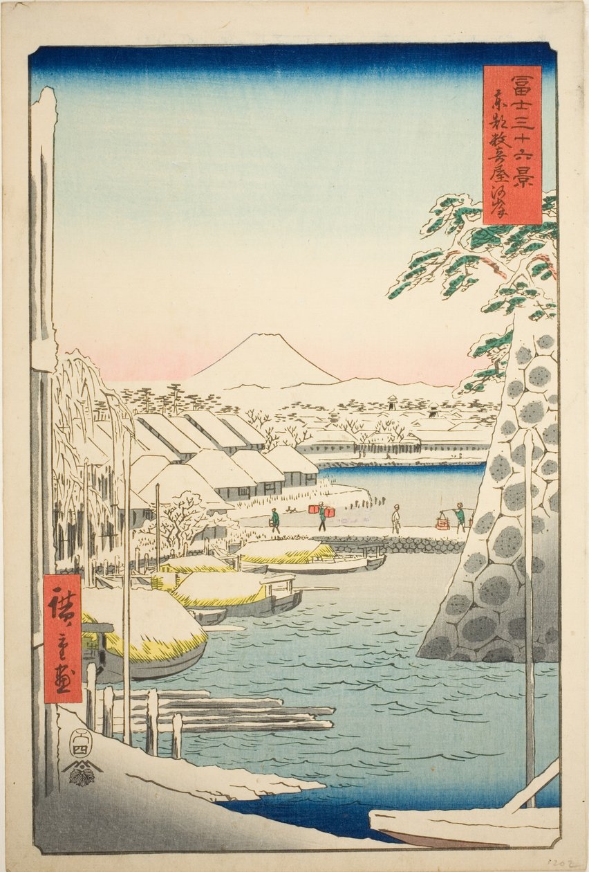 Das Flussufer bei Sukiya in der östlichen Hauptstadt (Toto Sukiyagashi), aus der Serie "Sechsunddreißig Ansichten des Berges Fuji (Fuji sanjurokkei)" von Utagawa Hiroshige
