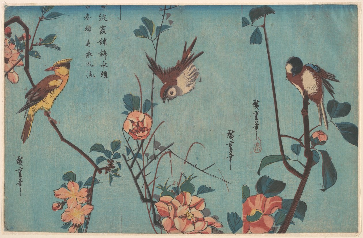 Meise und Kamelien (rechts), Spatz und Wildrosen (Mitte), und Schwarznackenpirol und Kirschblüten (links) von Utagawa Hiroshige