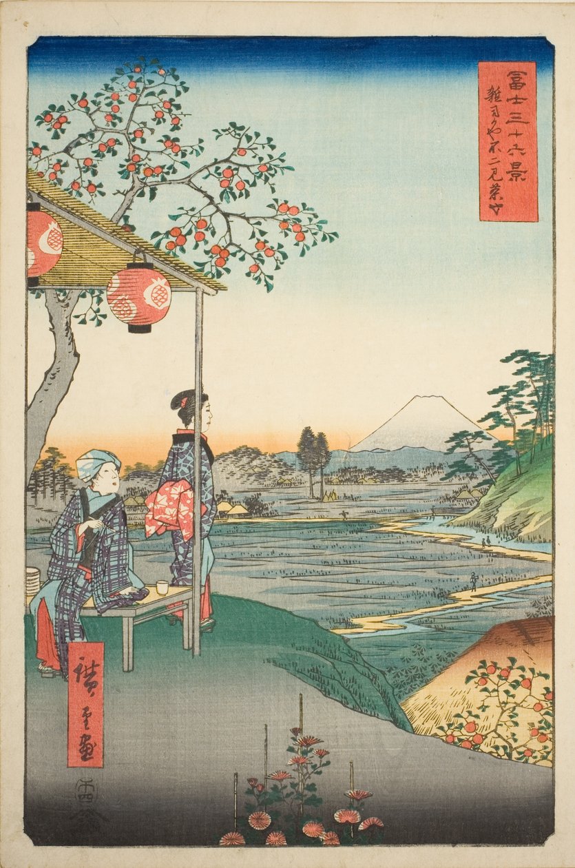 Blick auf den Berg Fuji von einem Teehaus in Zoshigaya (Zoshigaya Fujimi chaya), aus der Serie "Sechsunddreißig Ansichten des Berges Fuji (Fuji sanjurokkei)" von Utagawa Hiroshige
