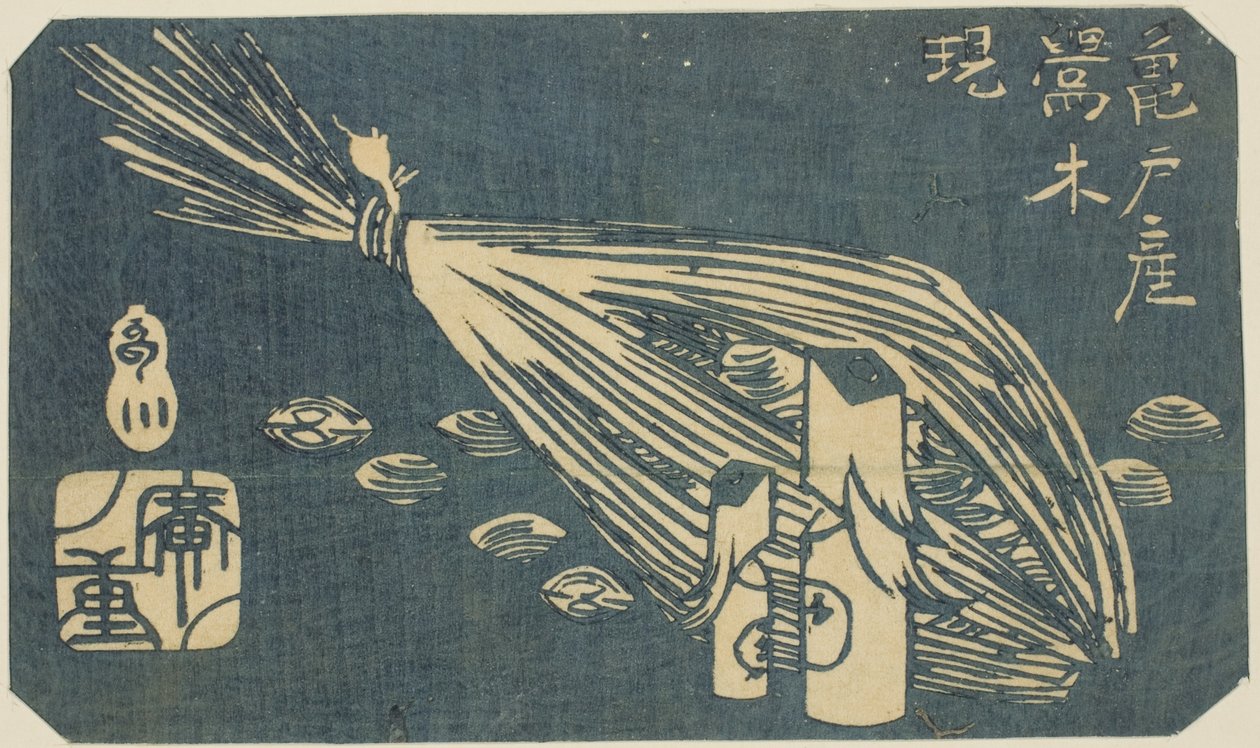 Warbler-Holzschnitzereien und Muscheln von Kameido (Kameido san Uguisu ki shijimi), Abschnitt eines Blattes aus der Serie "Ausschnitte berühmter Orte in Edo (Harimaze Koto meisho)" von Utagawa Hiroshige