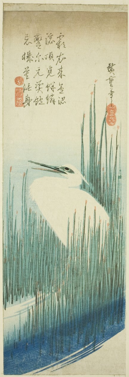 Weißer Reiher und Büsche von Utagawa Hiroshige