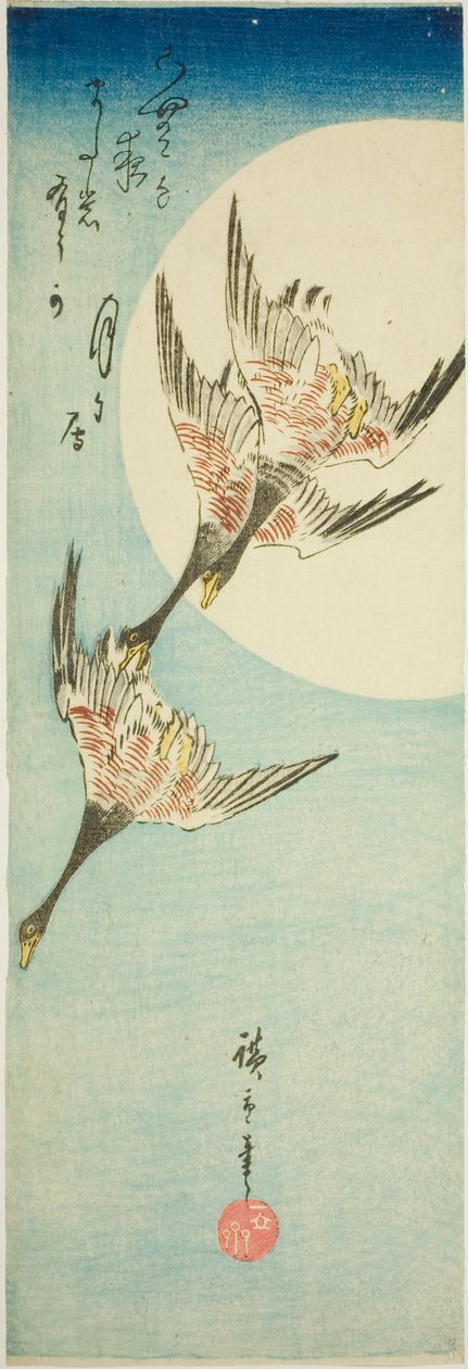 Wildgänse fliegen über den Vollmond von Utagawa Hiroshige