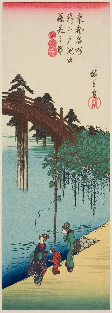 Wisteria in voller Blüte über dem Teich am Kameido-Schrein (Kameido ike chu fujibana no sakari), aus der Serie "Berühmte Orte in der östlichen Hauptstadt (Toto meisho)" von Utagawa Hiroshige