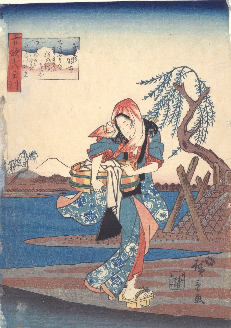 Frau wäscht Kleidung am Chofu-Fluss: Sechs Tama-Flüsse von Utagawa Hiroshige