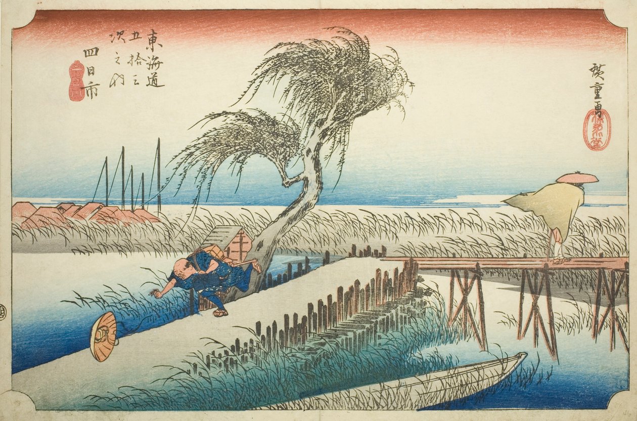 Yokkaichi: Mie-Fluss (Yokkaichi, Miegawa), aus der Serie "Dreiundfünfzig Stationen des Tokaido (Tokaido gojusan tsugi no uchi)," auch bekannt als der Hoeido Tokaido von Utagawa Hiroshige