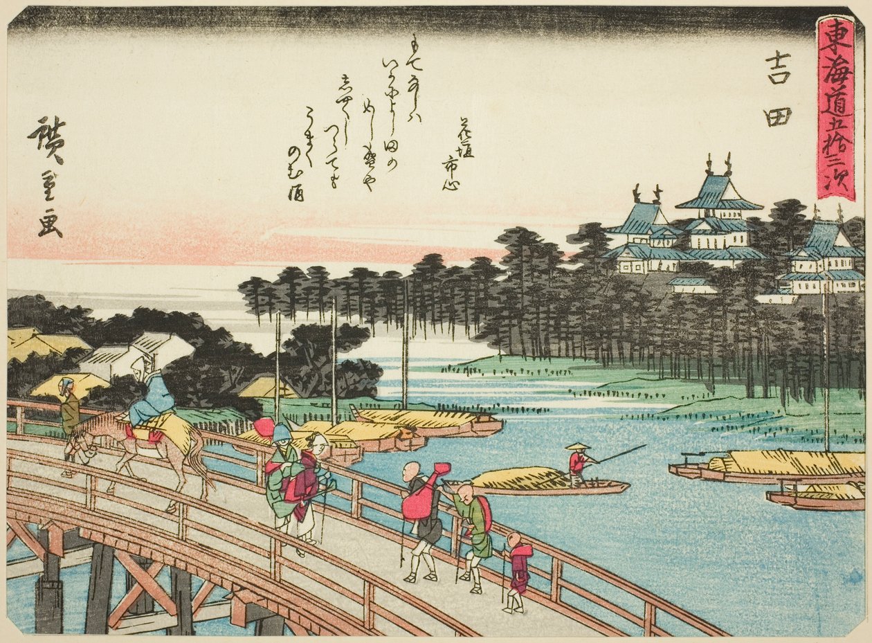 Yoshida, aus der Serie "Dreiundfünfzig Stationen des Tokaido (Tokaido gojusan tsugi)", auch bekannt als Tokaido mit Gedicht (Kyoka iri Tokaido) von Utagawa Hiroshige