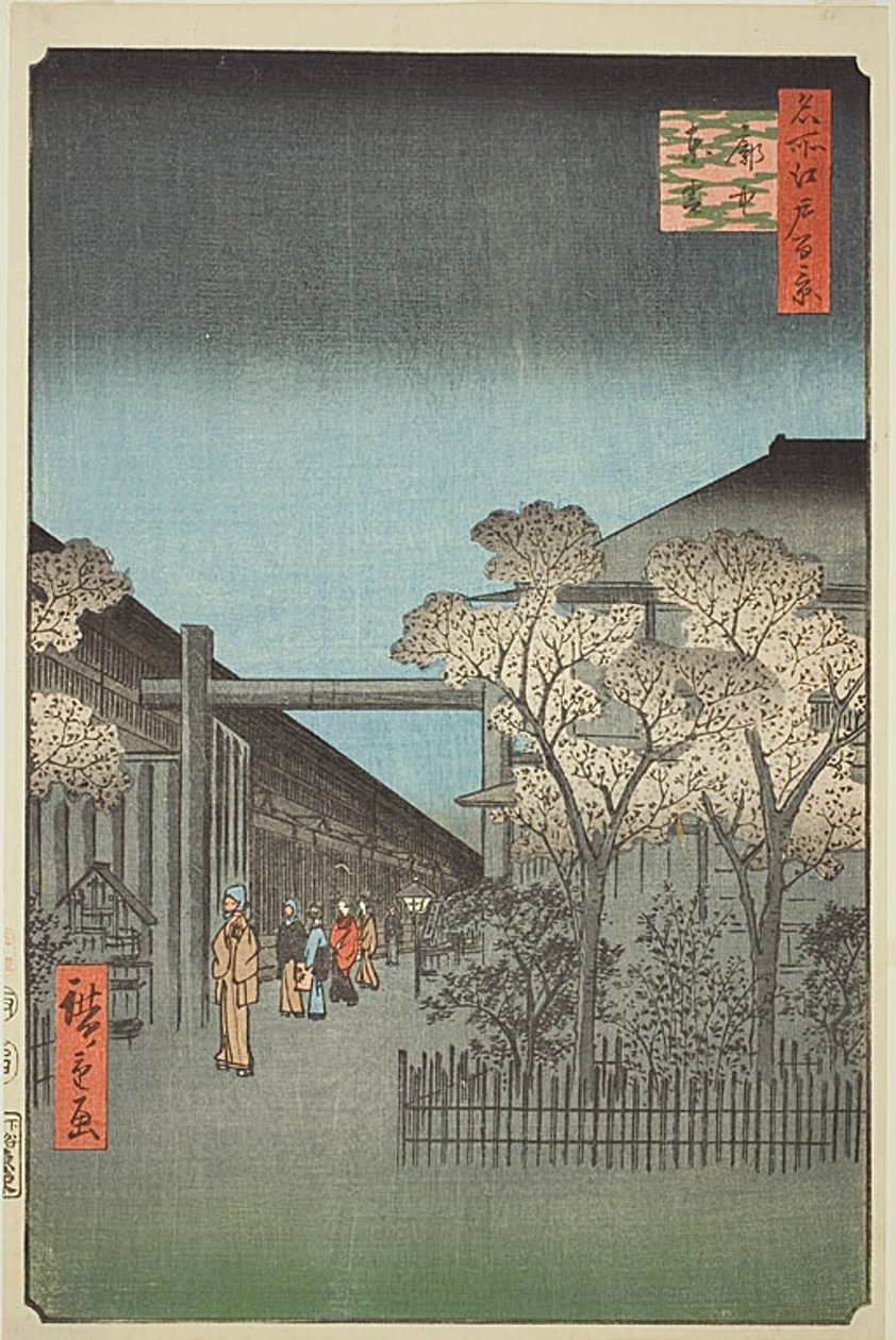 Yoshiwara-Lizenzviertel bei Morgendämmerung (Kakuchu shinonome), Nr. 38 aus der Serie „Hundert berühmte Ansichten von Edo (Meisho Edo hyakkei)“ von Utagawa Hiroshige