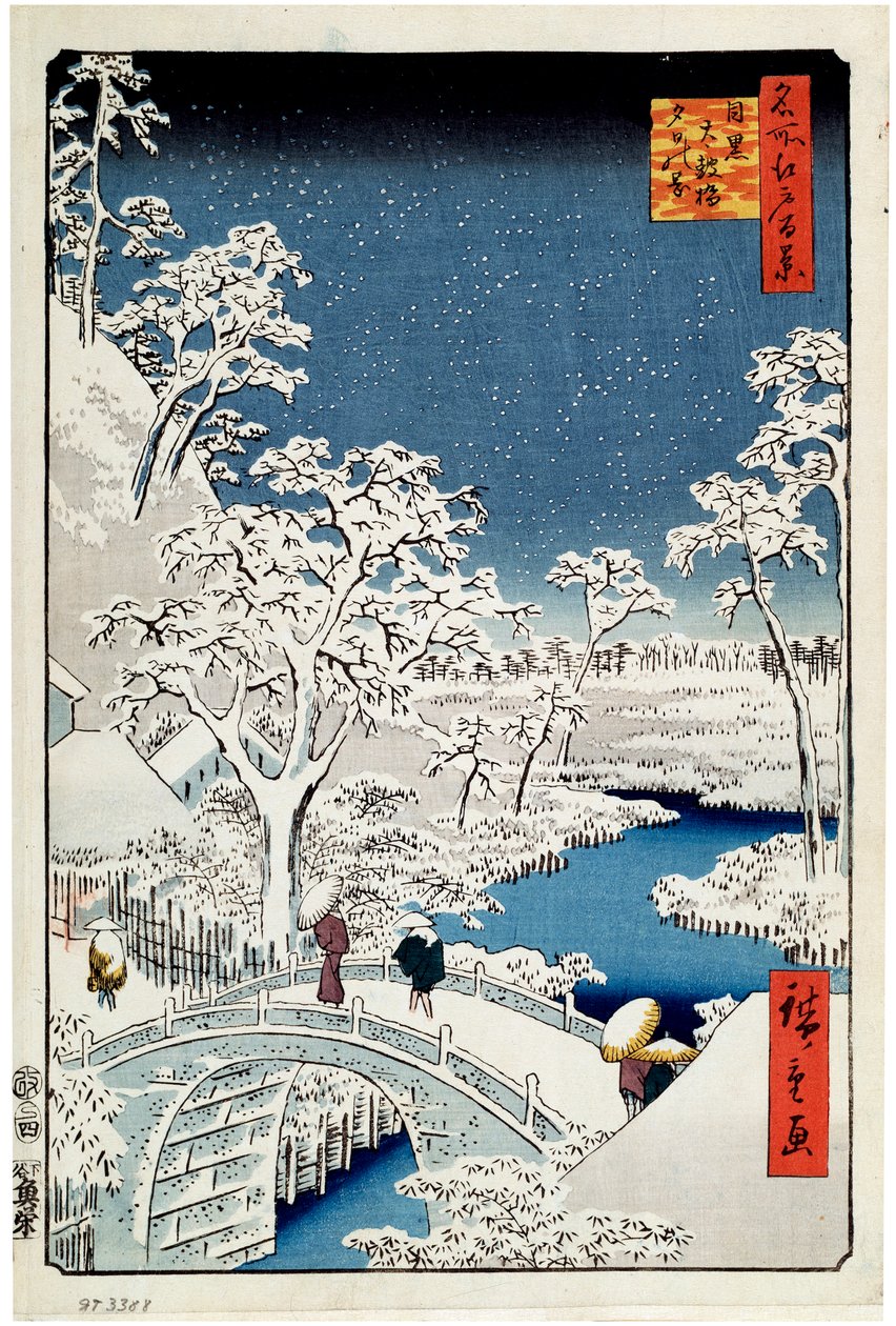 Yuhi-Hügel und die Trommelbrücke in Meguro, Hundert berühmte Ansichten von Edo, 1856-1858 von Utagawa Hiroshige