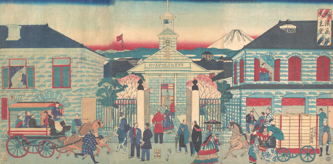 Illustration von ausländischen Residenzen und der katholischen Kirche in Yokohama, 10. Monat, 1870 von Utagawa Hiroshige III