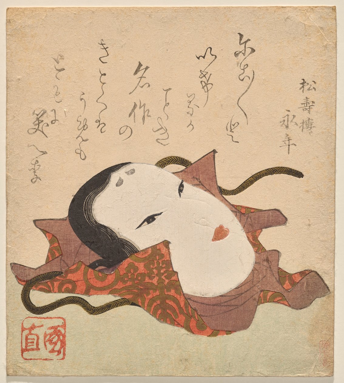 Nō-Maske in einem Brokatwickeltuch mit Paulownia-Motiv von Utagawa Kuninao