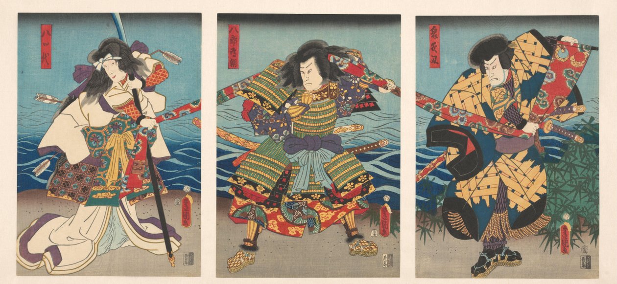 Drei Kabuki-Schauspieler ziehen an einem roten Banner von Utagawa Kunisada (I)