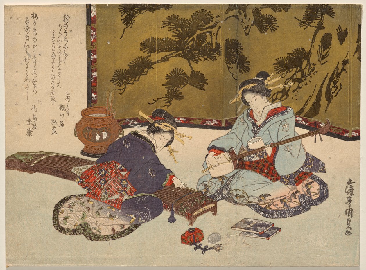 Zwei Kurtisanen spielen Musikinstrumente von Utagawa Kunisada