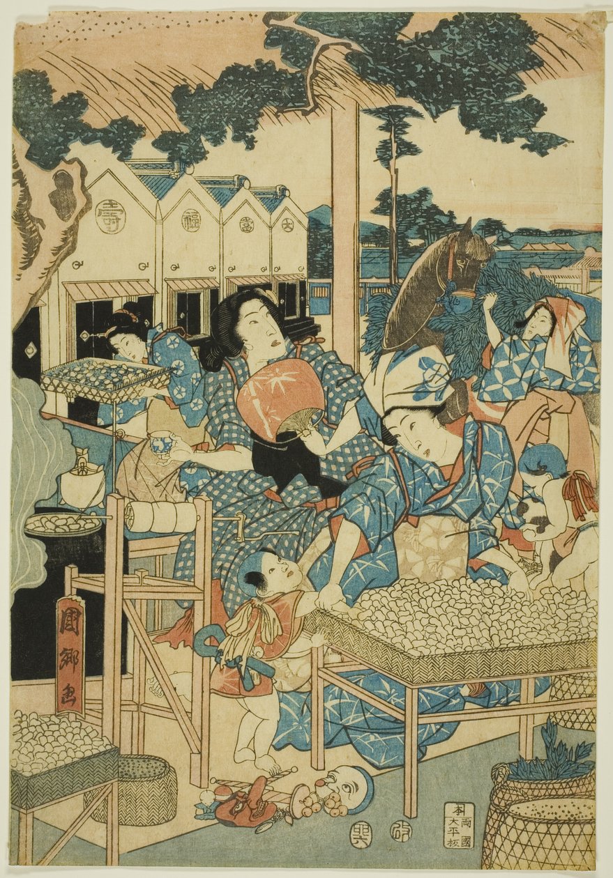 Großer Wohlstand auf der Seidenfarm (Kaikoya Daihanjono Zu) von Utagawa Kunisato