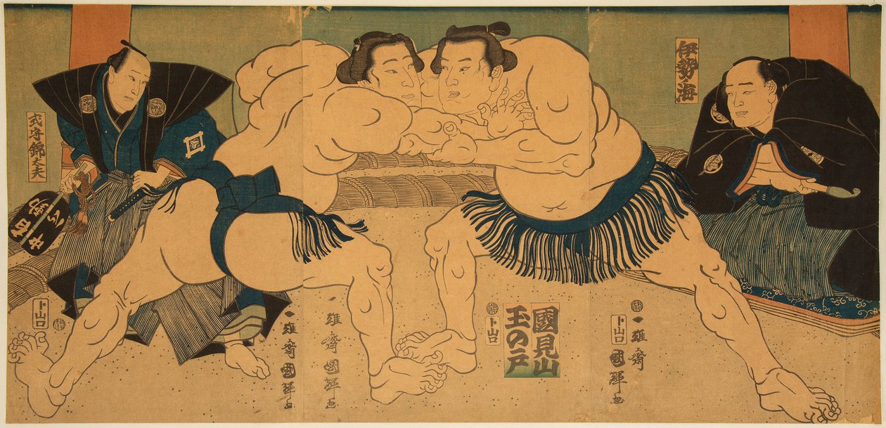 Kampf der Sumo-Ringer Tagasugo gegen Ayusegawa von Utagawa Kuniteru