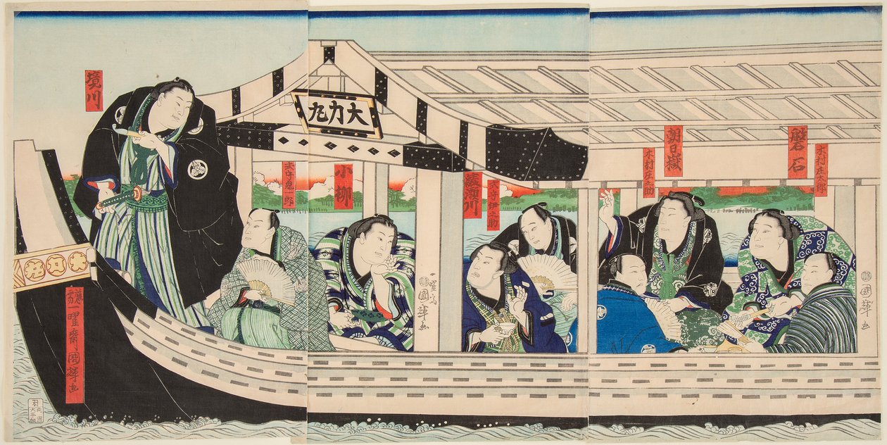 Der Sumo-Ringer Dairiki Maru auf einem Boot mit Freunden von Utagawa Kuniteru