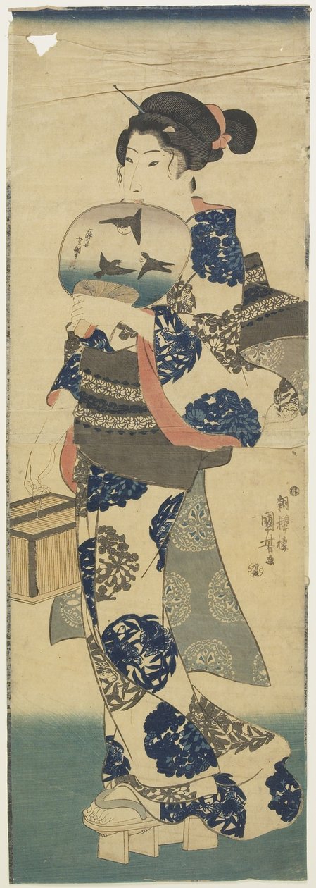 (Frau mit Fächer und Grillenkäfig), 1843-1847 von Utagawa Kuniyoshi