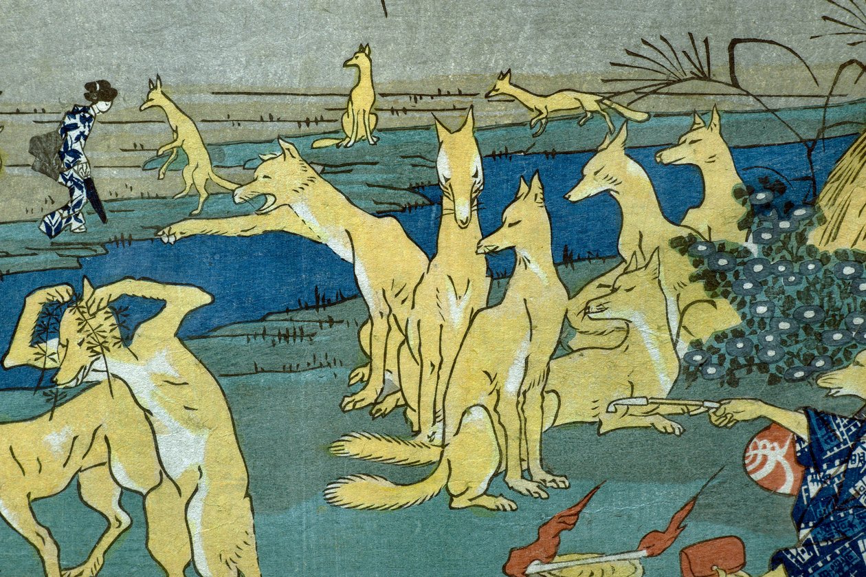 Komische Füchse üben Formveränderung (Dōke kitsume henge no keiko), ca. 1842 von Utagawa Kuniyoshi
