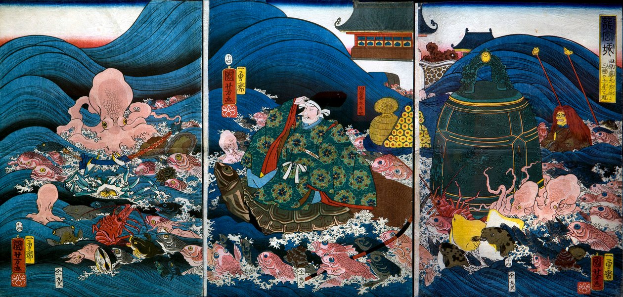 Drachenpalast: Drachenkönig überreicht drei Geschenke an Tawara Tōda Hidesato von Utagawa Kuniyoshi
