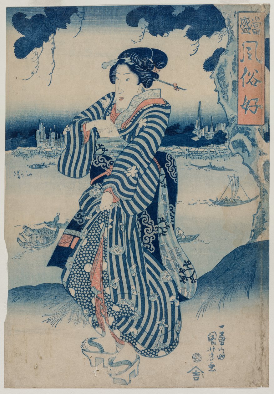 Geisha, die am Ufer des Sumida-Flusses steht (aus der Serie Menschen, die die neuesten Moden und Manieren mögen) von Utagawa Kuniyoshi