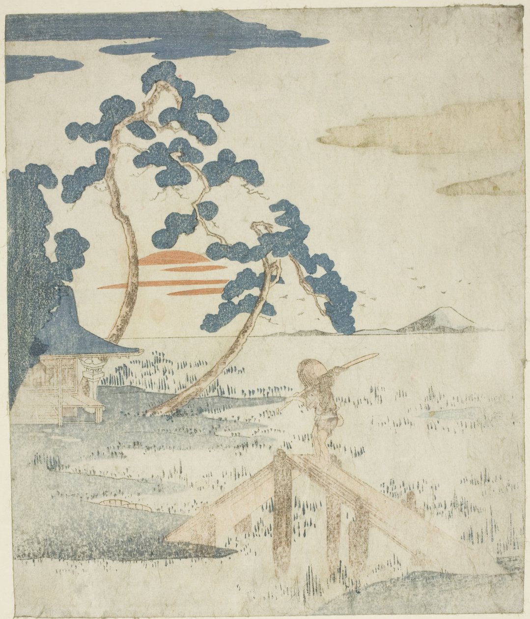 Mann überquert eine Brücke bei Sonnenaufgang, aus einer unbetitelten Ausgabe (ohne Poesie) der Illustrationen für die Serie "Fünf Drucke des Berges Fuji (Fuji goban no uchi)" von Utagawa Kuniyoshi