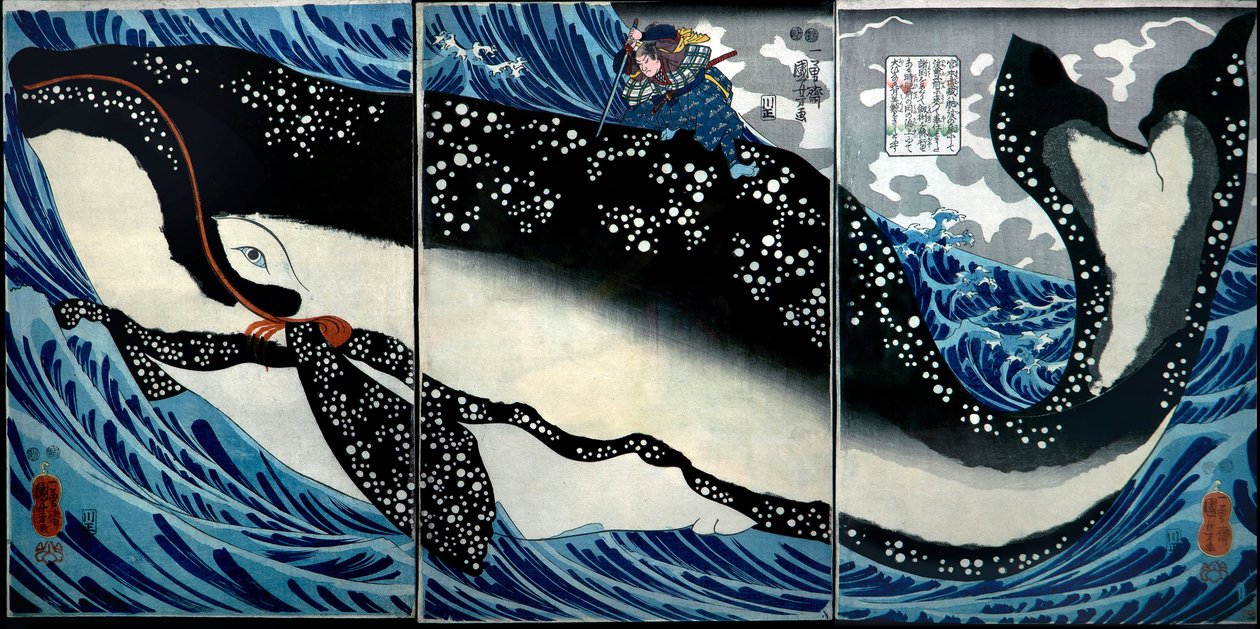 Miyamoto Musashi tötet einen riesigen Wal, ca. 1847 von Utagawa Kuniyoshi