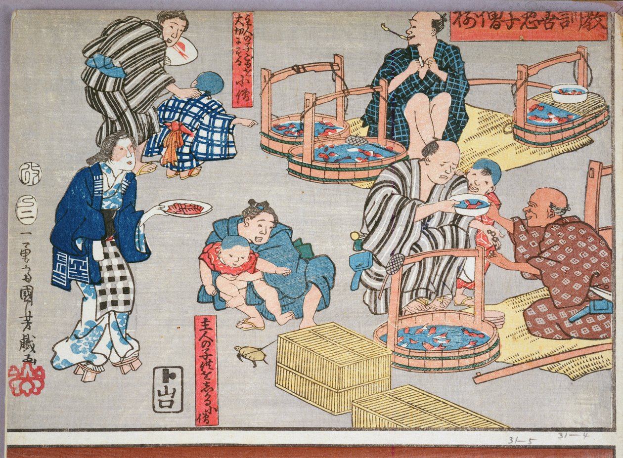 Moralische Lehre für Ladenjungen, gute und schlechte Verhaltensbeispiele, 1857 von Utagawa Kuniyoshi