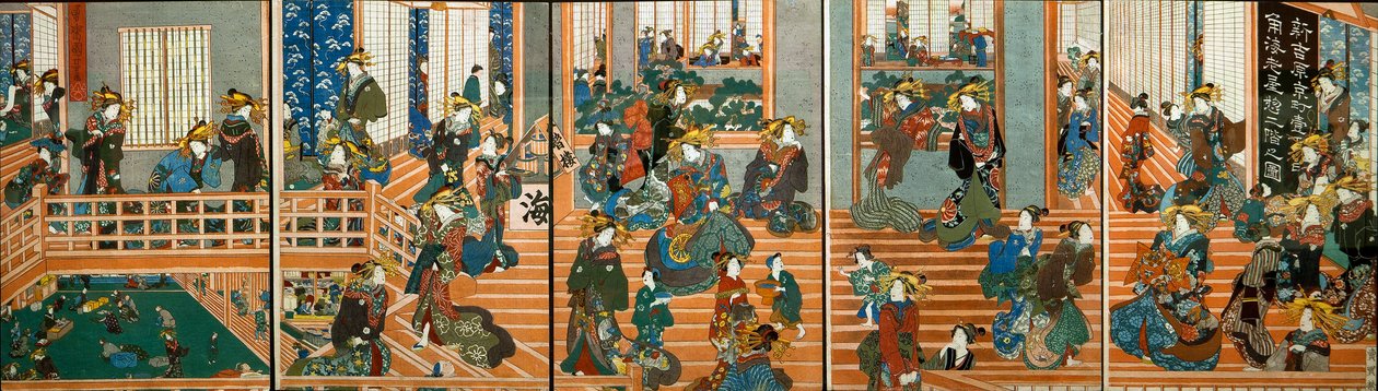 Draufsicht auf das Obergeschoss von Kado-Ebiya von Utagawa Kuniyoshi
